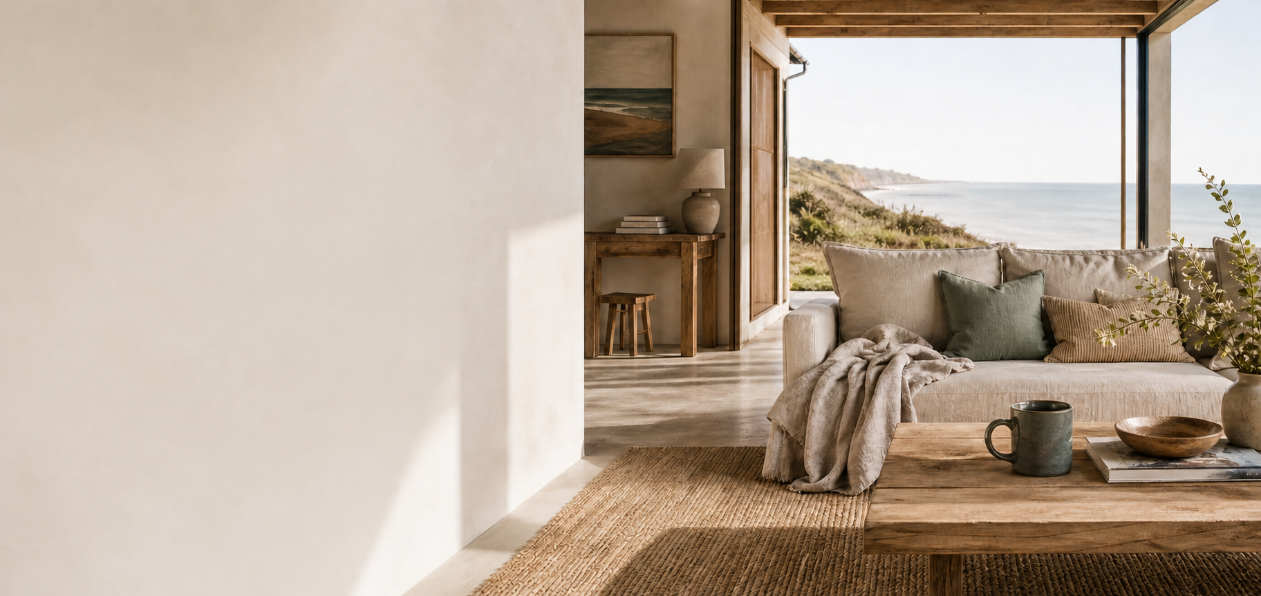 Quiet coastal living room with sea view and soft furnishings
